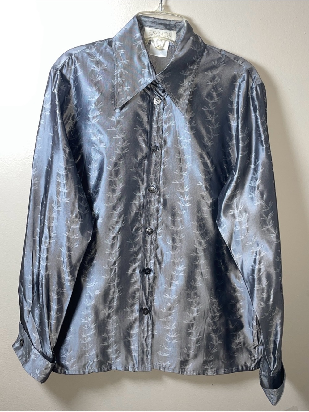 Escada Gray Floral Long Sleeve Button Down Silk Blouse Margaretha Ley